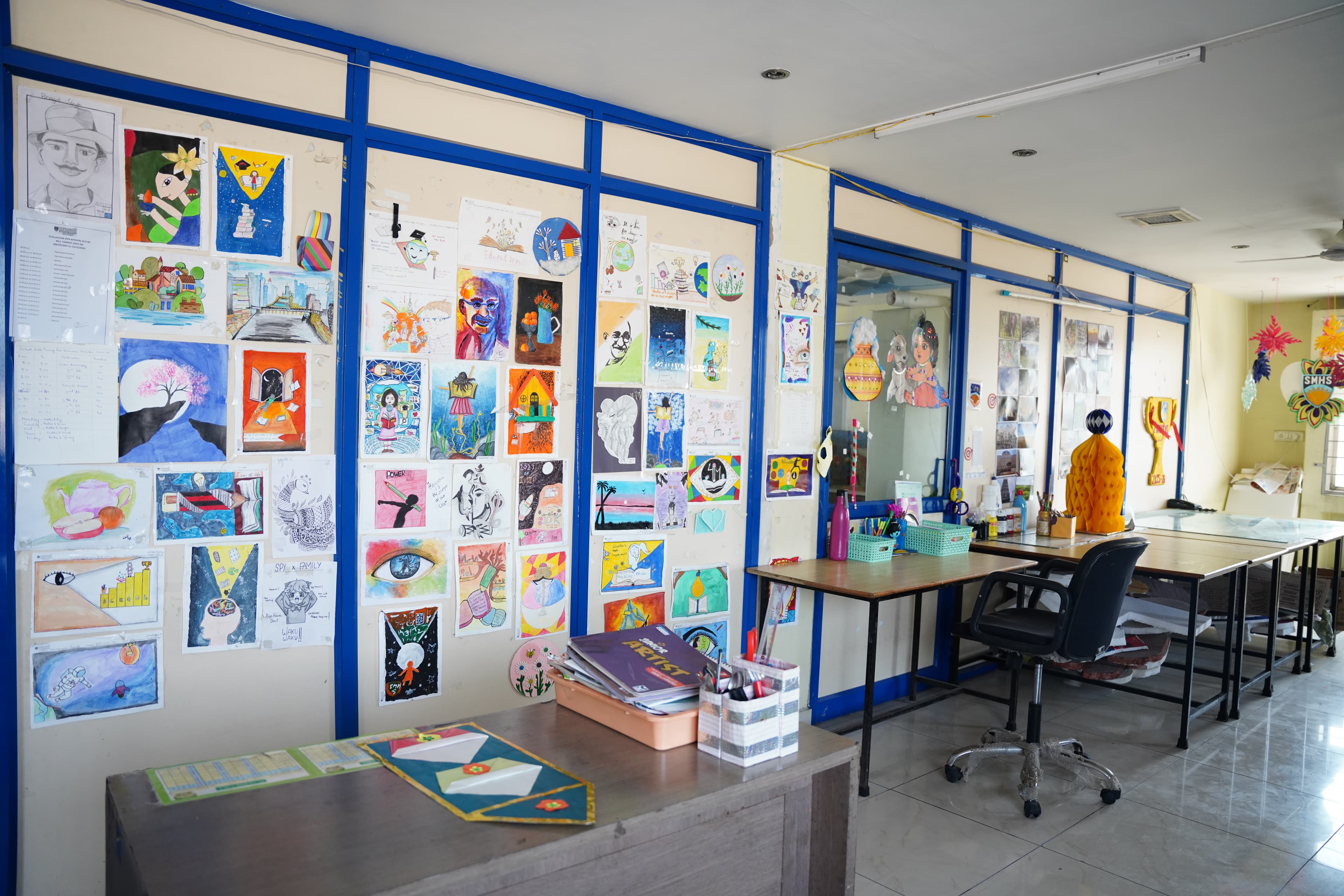 Gallery wall of student artwork